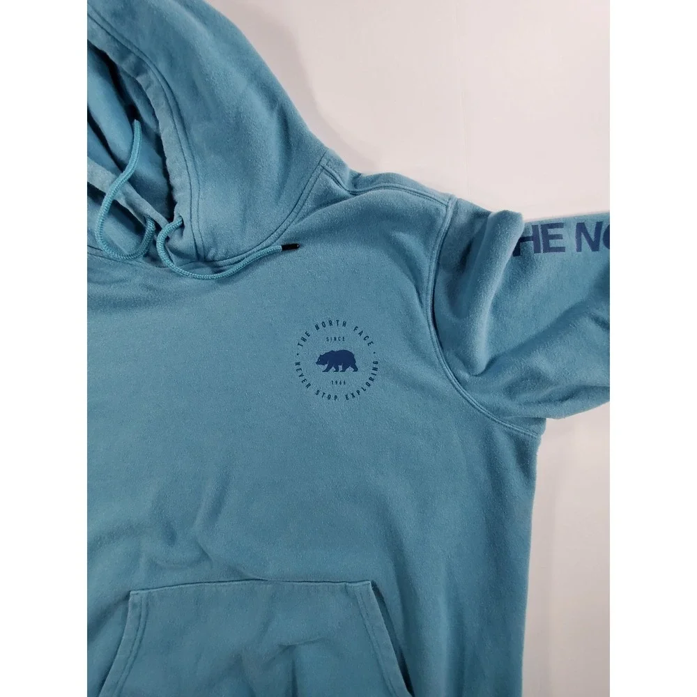 The‎ North Face Mens Large Blue Pullover Hoodie Logo Sleeve Never Stop Exploring